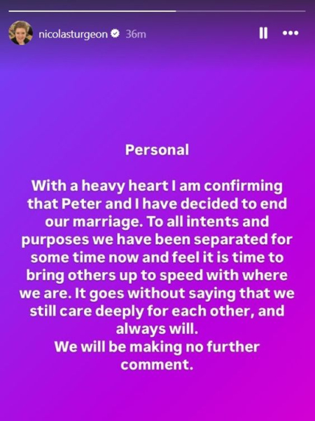 Scotland's former first minister Nicola Sturgeon splits from husband